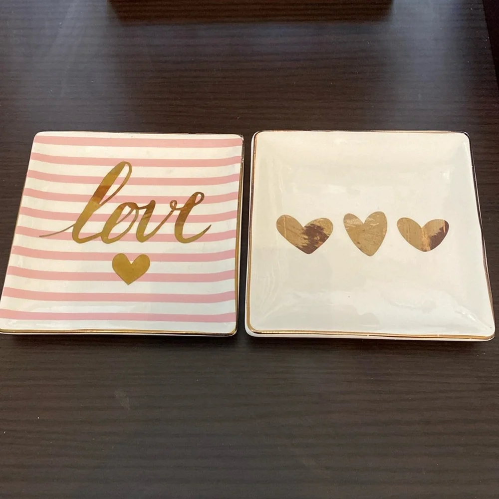 2 Valentine's Day Theme Ceramic Trinket Dishes in Ivory & Pink w/Gold Foil Print